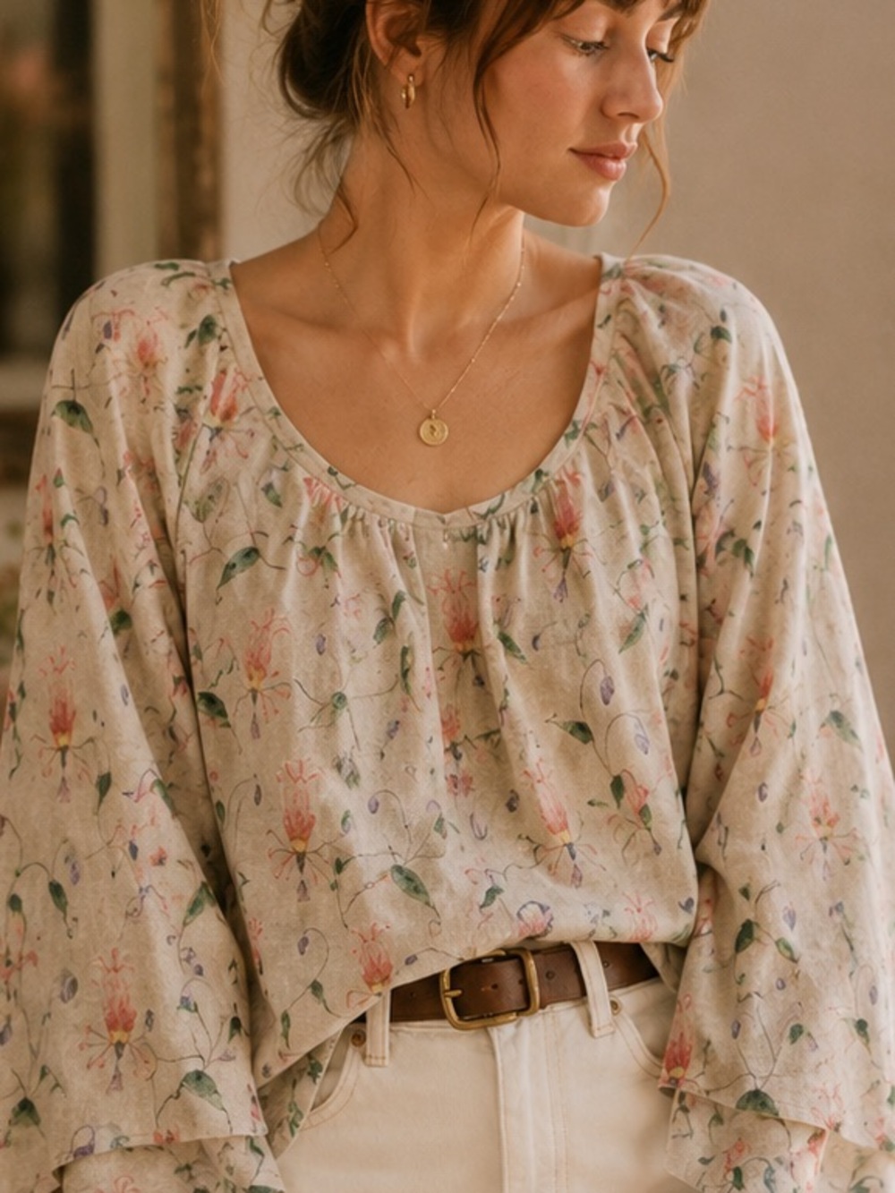 ANTHROPOLOGIE| HD in Paris Rosemallow Floral Blouse Beige Belle | Small